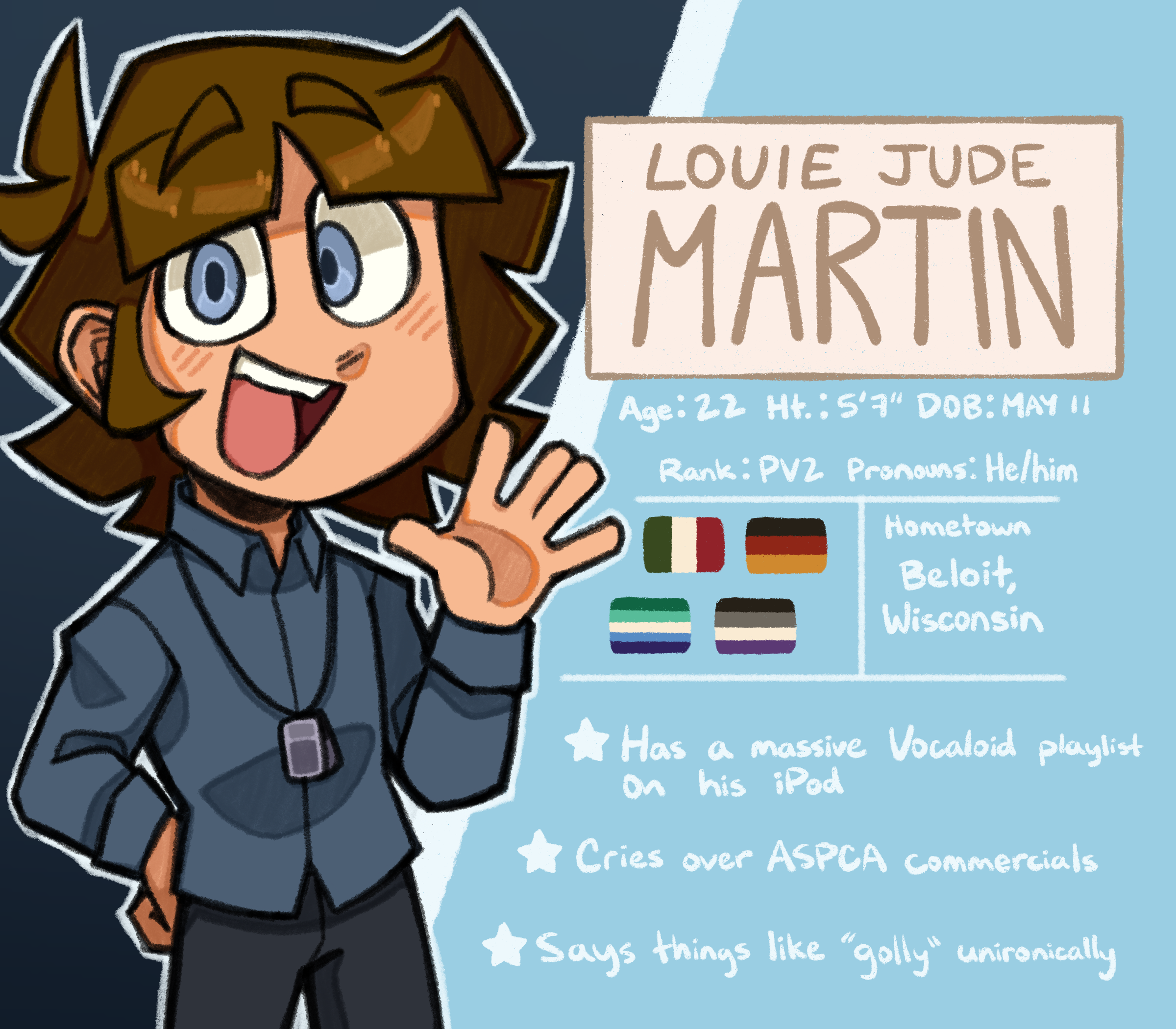 A character bio for Louie Jude Martin. Age: 22, Height: 5'7, Date of Birth: May 11. Rank: Private Second Class, Pronouns: He/him. Martin is of Italian-German descent, and identifies as cisgender, gay and asexual. His hometown is Beloit, Wisconsin. Fun facts include: he has a massive Vocaloid playlist on his iPod, he cries over ASPCA commercials, and he says things like 'golly' unironically.