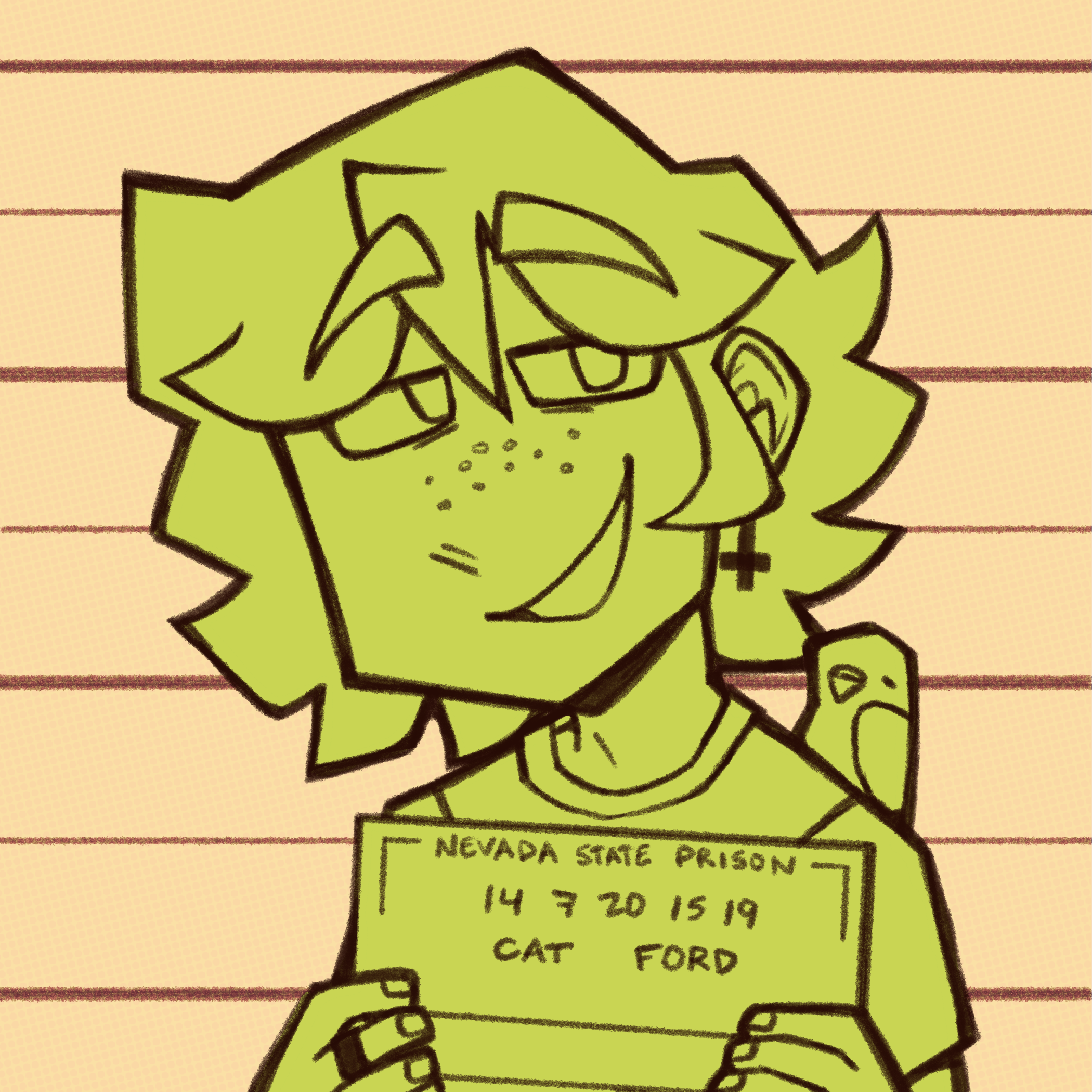 A bust portrait of Cat Ford looking smug while holding a placard that reads 'NEVADA STATE PRISON, 14 7 20 15 19, CAT FORD'