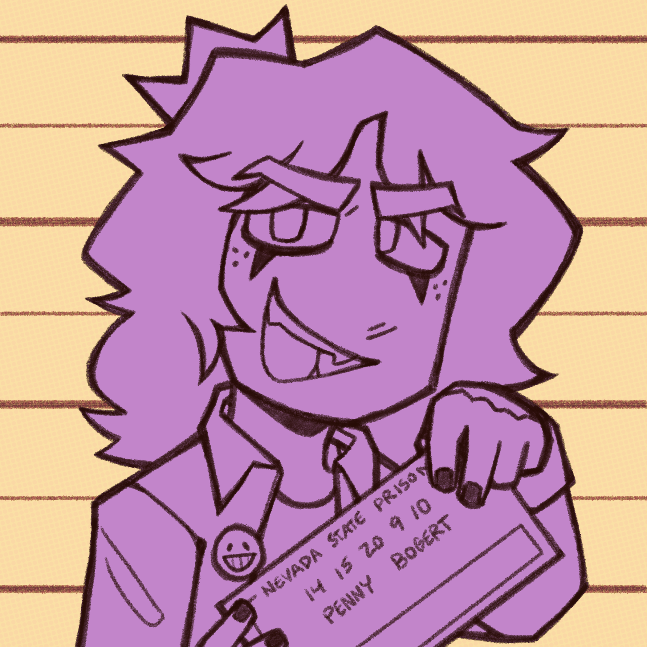 A bust portrait of Penny Bogert looking smug while holding a placard that reads 'NEVADA STATE PRISON, 14 15 20 9 10, PENNY BOGERT'
